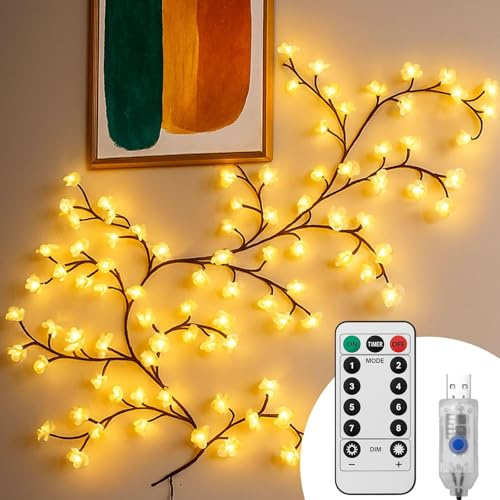 Chingcoo Guirlande Lumineuse Branche de Cerisier Décoration Murale 96 LED 1.8M avec Télécommande 8 Modes d'Éclairage Minuterie Lierre Fleuri Flexible pour Chambre et Maison (B)