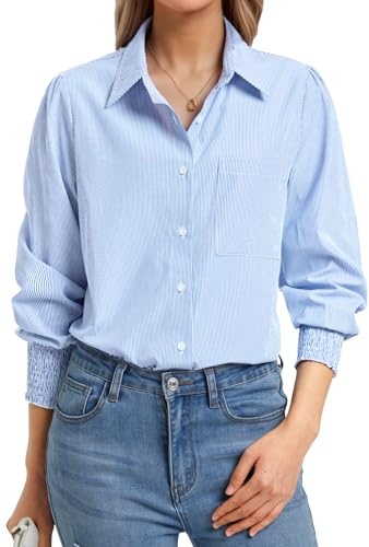 Enmain Camisa Mujer Manga Larga de Rayas Elegante Azul Claro Camisas con Botones Blusa con Cuello V Informal Básica Trabajo Empresa, L