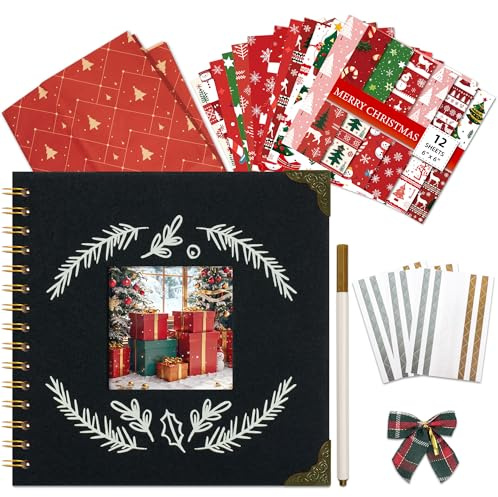 Vienrose Weihnachts Fotoalbum Scrapbook, 21 x 21 cm, 20 Blätter 40 Seiten | DIY Erinnerungsbuch, Leineneinband Quadratisches Fenster Fotoalbum für Familie, Hochzeit, Reiseerinnerungen