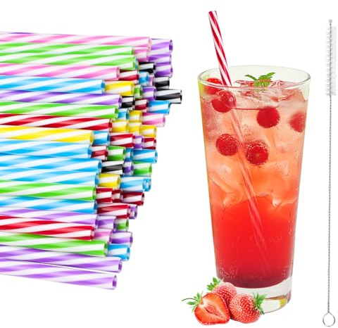 70 pcs Drinking Plastic Straws with Cleaning Brush Reusable Straws Drinking | Long Rainbow Candy-Striped Cocktail Straws For Drinks, Juice, Cocktail, Milkshakes