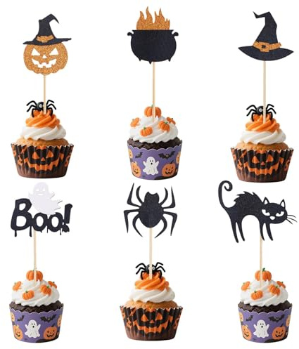 12 Stücke Halloween Cake Topper, Kuchen Deko mit Fledermaus Kürbis, Spinne, Schwarze Katze, Hexenhut und Andere 6 Muster, für Halloween Party Kuchen Essen Käseplatte Vorspeisen Dekor