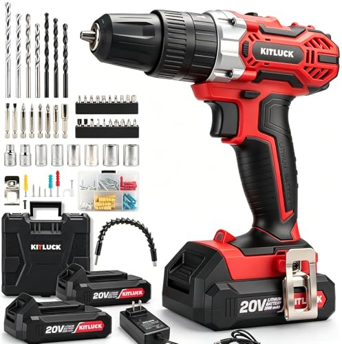 KITLUCK Cordless Drill Set, 20V Power Drill Kit Electric Drills with 2 X 2.0AH Battery, 44pcs Bits, 1 Box Screws, Bubble Level, 3/8'' Chuck Power Drill, 32NM, 21+3 Position, 2 Variable Speed