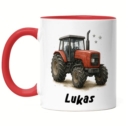 Kiddle-Design Kindertasse Trecker mit Namen, Namenstasse Traktor Kinder Jungen Kindergarten, Kinderbecher mit Namen Geschenkidee Geburtstag Einschulung Jungs, Tasse Weiß