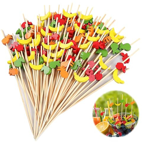 Zephyra 100 Palillos de Cóctel con Frutas Decorativas en Bambú 12 cm – Pinchos para Aperitivos, Postres, Ensaladas y Fiestas (Fruit)