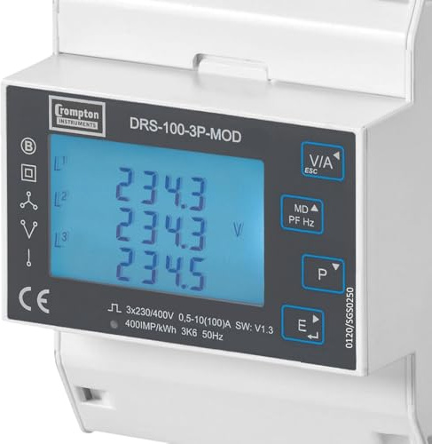 TE CONNECTIVITY CROMPTON DRS-100-3P-MOD EnFluRi 1 Smartmeter 100A MID | 3-Phasen Modbus RTU RS485 Energiezähler direktmessend für Senec Victron Wallbox Home Assistant