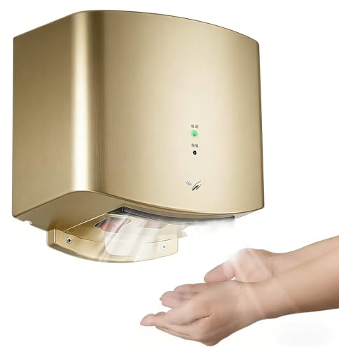 Naturalpowev Sèche-Mains Automatique Compact 1250W Montage Mural, Sec en 10 Secondes, Séchage Rapide Électrique Haute Vitesse pour Maison ou Usage Commercial Gold