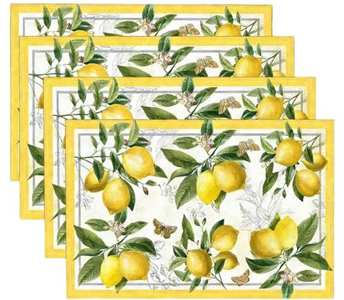 Zitronen Deko Platzdeckchen aus Leinen Set 4er, Platzdeckchen Abwaschbar mit Zitronen und Schmetterlingen, Zitrone Deko Tischsets für Küche Esszimmer Frühling Sommer Zitronendeko