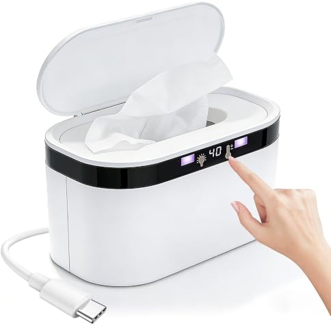 Wet Wipe Warmer for Babies, Baby Wipes Warmer with Night Light, 4 Temperature Control, USB Powered, Larger Capacity, Portable Wet Wipes Dispenser Box Temperature Display for Both Outdoor Car and Home