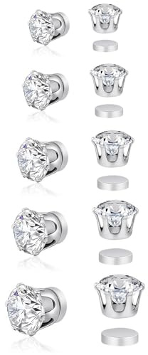 JYXNU 5 Pares Pendientes Magnéticos, Pendientes de Imán para Hombre y Mujer, Pendientes Redondos sin Perforar, Hombre Diamante Pendiente Iman Hombres Plata, Cierre Magnético