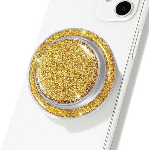 Cell Phone Accessory Compatible with Magsafe Magnetic Gold Glitter and Transparent Collapsible Mobile Phone Grip Stand Holder for Smartphone