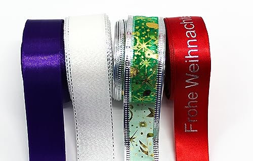 CaPiSo 4 Farben je 10m Satin-Schleifenband Mix 25mm Lurexband Glitzerband Geschenkband Dekoband mit Draht Dekoration Drahtkante Weihnachten (End 01)