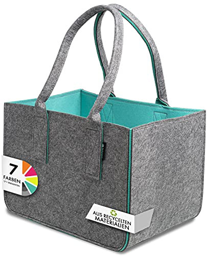 Shopping Bag aus recyceltem Filz-Stoff, große Einkaufs-Tasche, zweifarbig dunkelgrau/türkis, lange Henkel, Einkaufskorb faltbar, Kaminholztasche, Shopper, Filztasche-n, Filzkorb