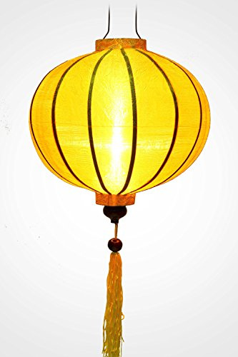 Asiatischer Lampion aus Seide, gelb, R – Durchmesser 47 cm – traditionelle Laterne aus Stoff, Bambus und Holz – handgefertigt in Hoi An – Dekoration und Handwerk aus Vietnam (R40-J)