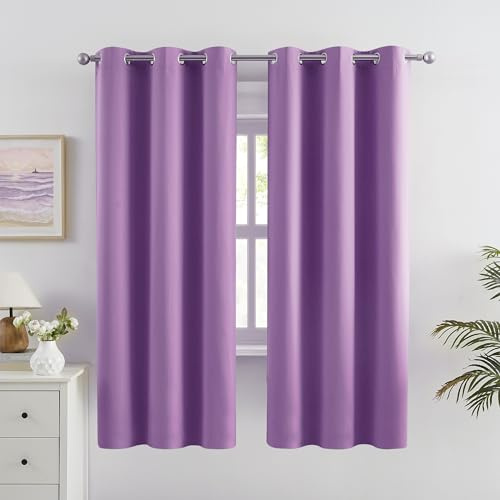 DUALIFE Helles Lavendel-Lila-Vorhänge für Mädchen-Schlafzimmer – Kindervorhänge, Verdunkelung, wärmeisoliert, mit Ösen, Meerjungfrauen-Dekor, Amethyst-Orchidee, Violett, 106 x 160 cm Länge, 2 Paneele