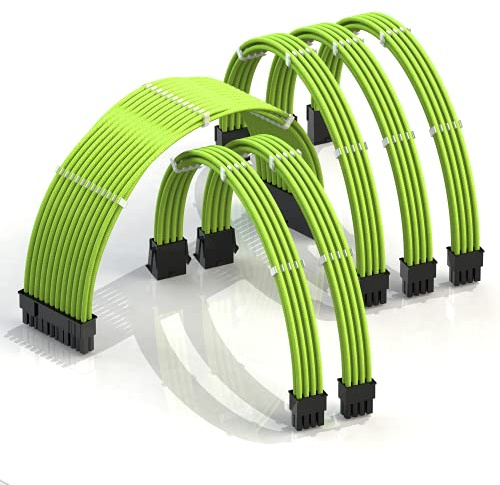 LINKUP - AVA 30cm Cable con Manguito - Prolongación de Cable para Fuente de Alimentación con Kit de Alineadores - Compatible con RTX3090| 1x 24P (20+4) MB| 2x 8P (4+4) CPU| 3x 8P (6+2) GPU| 300mm Verd