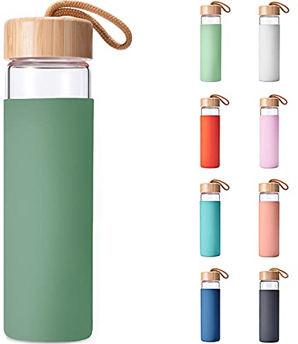 Yomious 20 Oz Borosilicate Glass Water Bottles with Silicone Sleeve BPA Free, Dishwasher Safe - Reusable Clear Glass Drinking with Leak Proof Bamboo Lid | Perfect Gym Water Bottles for Men & Women