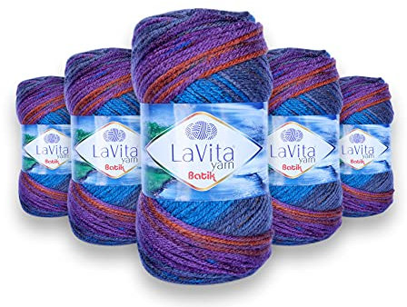 LaVita Yarn Batik Hand Knitting Yarn, Wool 5-Pieces Pack, 100% Acrylic Yarn, 1 Ball 100 gr, 170 mt (DG03-Menekse)