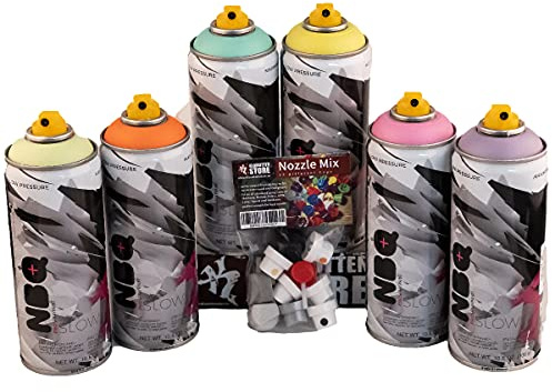 KLAMOTTEN STORE Bombolette spray NBQ Pastell 6 x 400 ml con testina spray di ricambio, altamente coprente, per hobby, artigianato, graffiti artistici, ad asciugatura rapida, altamente coprenti, con