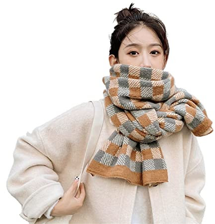 UKKO Schal Gestrickter Karierter Schal Weiblicher Herbst Und Winter Allgleichstudent Nettes Mädchen Warm Dicker Wollschal-E