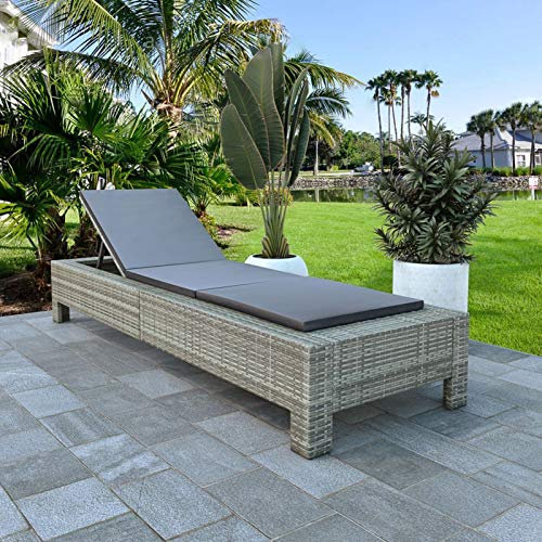 Leepesx Sonnenliege mit Auflage, Liegestuhl, Gartenliege, Liegen, Strandliege, Ruhesessel, Sonnenliegen, Saunaliege, Liegesessel, Grau Poly Rattan