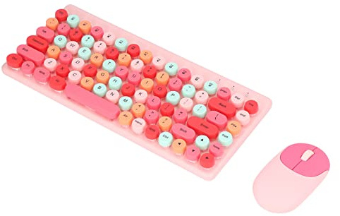 Combinación de Teclado Y Mouse Inalámbricos de 86 Teclas, Lindo Teclado para Juegos 1200DPI Mouse, Dulce Color Mezclado, Teclas Redondas Retro Máquina de Escribir Teclado(Rosa color mezclado)