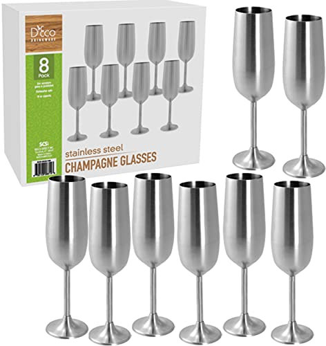 Flute da champagne infrangibili in acciaio inox da 226,8 g (confezione da 8), calici da champagne con stelo grande, colore argento opaco, riutilizzabili, per interni ed esterni, mantengono le bevande