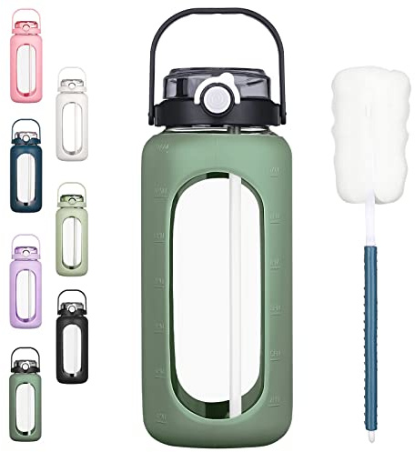 BLUEGO 2L Gourd en verre Avec paille Marqueur de temps Bouteille d'eau Motivation avec manchon en silicone 2 litres Grande carafe d'eau en Verre pour Gym, sports et entraînement, Olive