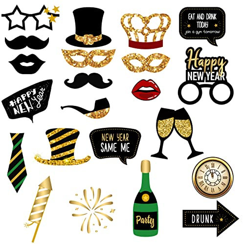 Neujahr Fotorequisiten Silvester Fotoaccessoires, 22 Stück Foto Requisiten, Silvester Photo Booth Props, Mix von hüte Brille Lippen Maske Mitbringsel für Erwachsene Kinder Silvester Deko