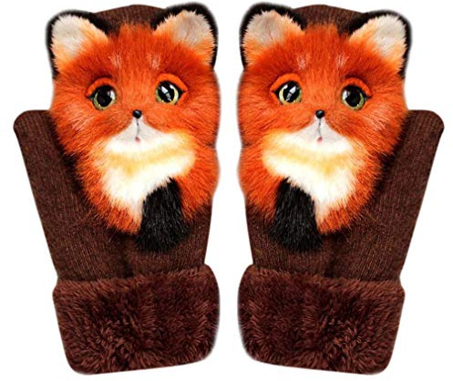 Cute Animal Mittens,Cartoon Tier Handschuhe Fäustlinge Frauen,Winterhandschuhe,Warm,Gestrickt,Weich, Fahrradhandschuhe,Strickhandschuhe für Damen,Stretchhandschuhe (Rot-Fuchs, One Size)