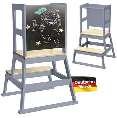 Baby Vivo Lernturm aus Holz - Tower Küche Kindermöbel Learning Tower - Schemel Lerntower für Kinder ab dem Stehalter - Tritthocker mit Tafel Montessori Küchenhelfer Lernstuhl in Grau