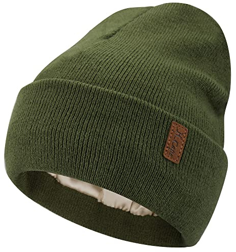 Bequemer Laden Femmes Hiver Chaud Satin Doublé Bonnet Tricot Slouchy Chapeaux Soie Doublure Ski Bonnets pour Femme Homme, Vert, Taille Unique