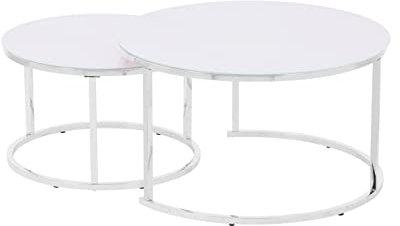 HOOZ Couchitsch 2er Set Rund, Beistelltisch Metall, Wohnzimmer Tisch für Couch und Sofatisch, Nachttisch für Dekoration (80x80x45 cm und 60x60x41 cm) Chrom weiß
