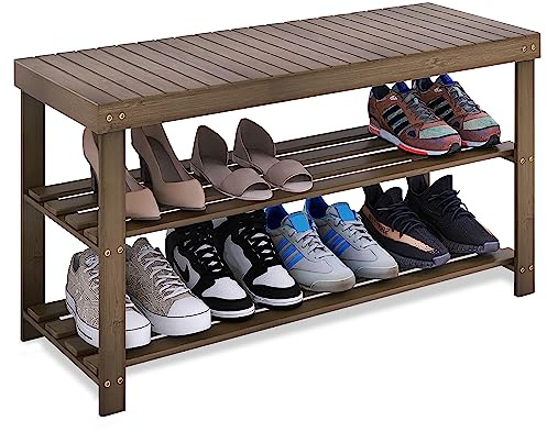 SMIBUY Bamboo Shoe Rack Bench, 3-Tier Shoe Organizer Storage Shelf for Entryway Hallway Bathroom Living Room (Walnut)