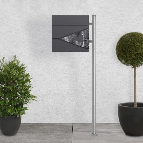 ECD Germany Standbriefkasten mit Zeitungsfach, Design Briefkasten mit Pfosten, Briefkastenanlage, Briefkastenständer Silber Edelstahl, Postkasten Anthrazit Schwarz Marmoroptik Stahl pulverbechichtet