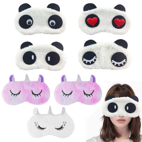 Binjor 7 Stück niedlichen Kinder Augenmasken,Panda Augenmaske, Einhorn Augenmaske, Niedlich lustig 3D weichen Plüsch Reise atmungsaktiv Cartoon Augenmaske Plüsch Augenmaske,Schlafmaske