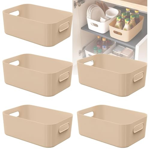W&H 5 PCS Beige Plastic Storage Boxes, Small Open Storage Boxes with Handle, Home & Kitchen Organiser, Plastic Cupboard Baskets for Shelves, Bathroom, Toy, Bedroom - 21×14×7cm