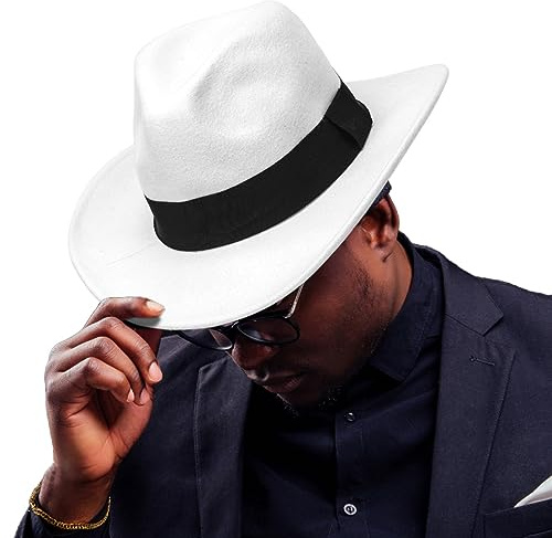 Ruphedy Fedora-Hut für Herren und Damen, Wolle, breite Krempe, Filz, Panama-Fedora-Hut, weiß, M