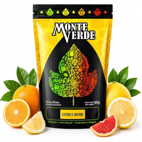 Monte Verde Citrus Bomb yerba mate-tee 500g - Grün mate-tee mit Zitronenschalen und Orangenschalen - Zitrusfrüchte yerba mate tee,Nur natürliche Zutaten - Citrus yerba mate tea loose leaf 0,5 kg