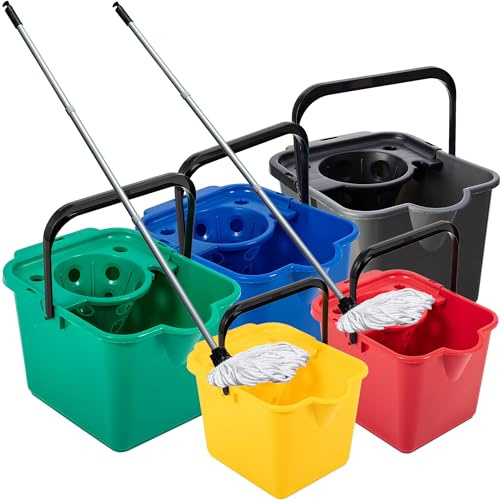 Mop & Bucket Set In Red, Blue, Green, Yellow or Metallic | For Cleaning Floors & Tiled Surfaces 12L Bucket Capacity With Pouring Lip & Cotton Mop