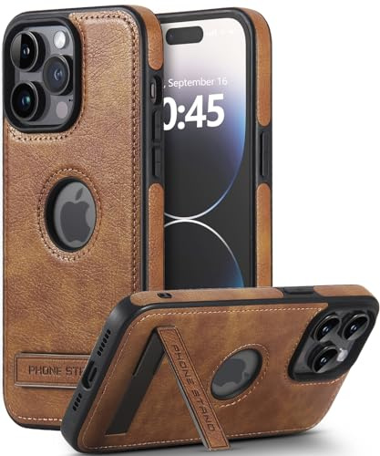 Lederhülle für iPhone 15 Pro Max Case mit Ständer, Integrierter Unsichtbarer Ständer,Veganes Leder Schlanke Logo-Ansicht Klassisch Luxus Dünne Stoßfeste Schutzhülle für iPhone 15 Pro Max(Braun)
