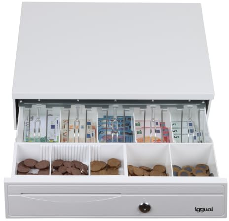 iggual -Tiroir caisse IRON-30PW - Caisse Enregistreuse Manuelle ou Automatique pour 5 Billets et 5 Pièces - Serrure à 3 Positions - Acier + Plastique ABS - Usage Professionnel - Blanc Pur (42x40,5x10)