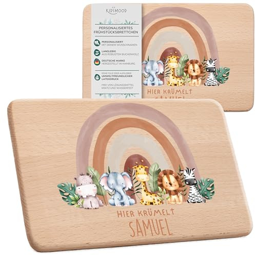KIDSMOOD - Individuelles Brettchen Kinder Holz, Niedliches Frühstücksbrettchen personalisiert mit Wunschnamen und Safari-Motiv, Als Taufgeschenk und Babygeschenk