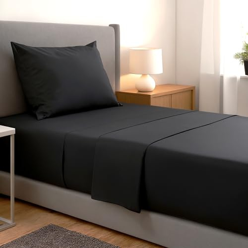 gobedreams Set di Lenzuola Letto Singolo 3 Pezzi 90x190/200, Lenzuola in Microfibra di Poliestere Spazzolata. Lenzuolo Piatto, Lenzuolo con Angoli Regolabili e 1 Federa. Colore Nero