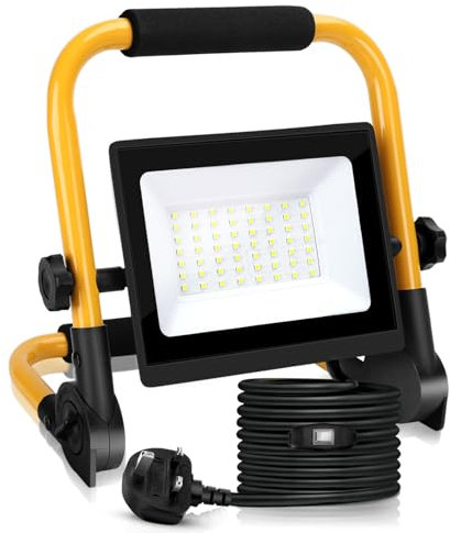 Aigostar LED Work Light, 50W Job Site Light 4500LM, Plug in FloodLight with 13ft Wire & Switch, Portable Work Lights 240V Mains Powered Loft Light, IP65 Waterproof Construction Light Workman Lamp