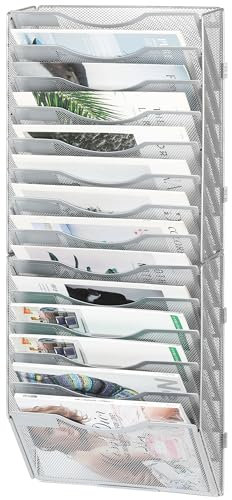 Solinxe Zeitungshalter Wand mit 14 Etagen Metall Zeitungsständer Hängeregister Wandablagefächer A4 Papier Dokumentenablage Büro Schule Ablage Organizer, Silber