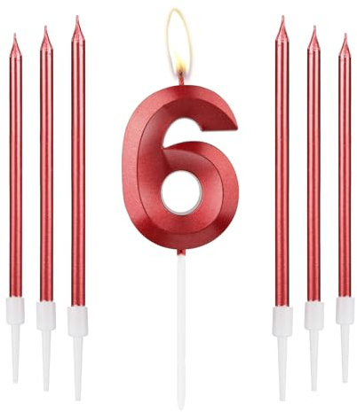 Rote 3D Zahl 6 Kerzen zum Geburtstag - Kuchenaufsatz und Dekor für Mädchen, Frauen und 6. Hochzeitstag - Lange Zahlenkerzen für Party