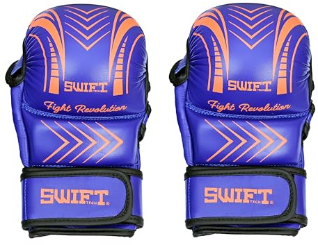 SWIFT TECH Fight Revolution Gloves, Premium Cow-Hide Leather, Open Palm MMA Gloves, Muay Thai, Kick Boxing, Durable, Breathable, Essential MMA Gloves for Mens and Womens (Blue, M)