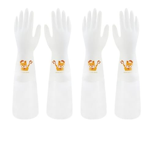 LUNCHS Dish Gloves White with Cartoon Pattern Kitchen Gloves for Washing Dishes 2 Pairs Rubber Gloves Suitable for Bathing Pets(M,Long)
