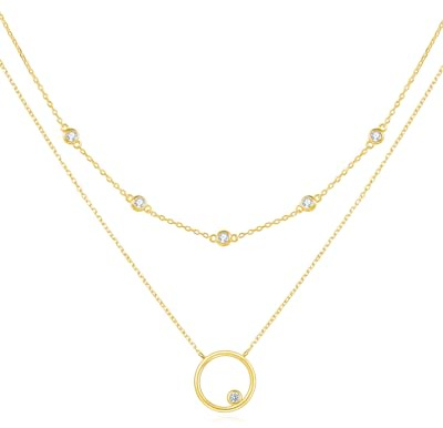 FANCIME Layered Kette Damen mit Anhänger, 14K Weißgold Vergoldet Personalisierte Zarte Mehrreihige Halskette, 925 Sterling Silber Halskette Schmuck für Damen Mädchen