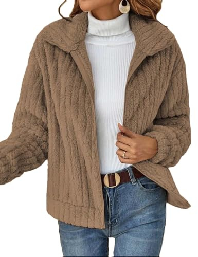 HUXRAKV Donna Cappotto Caldo di Peluche Risvolto Giacca Corta Autunno Inverno Cappotti Cerniera Cappotto con Tasche,WD20-Cachi,L